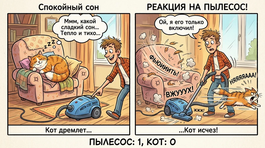 Комикс из двух кадров: кот и пылесос