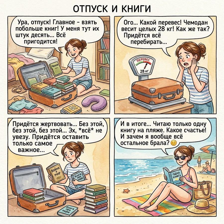 Комикс из четырёх кадров про сборы в отпуск