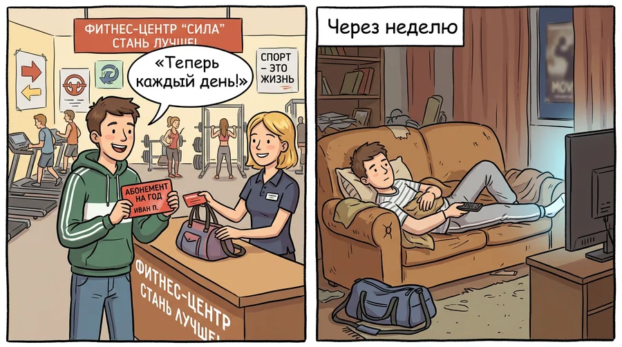 Комикс из двух кадров про абонемент в спортзал