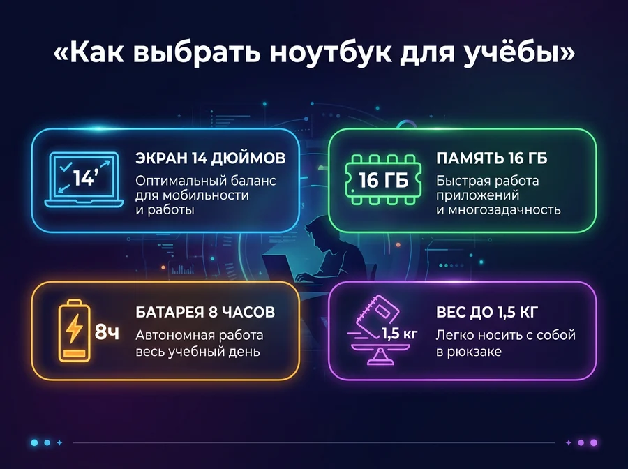 Инфографика «Как выбрать ноутбук для учёбы» с четырьмя блоками