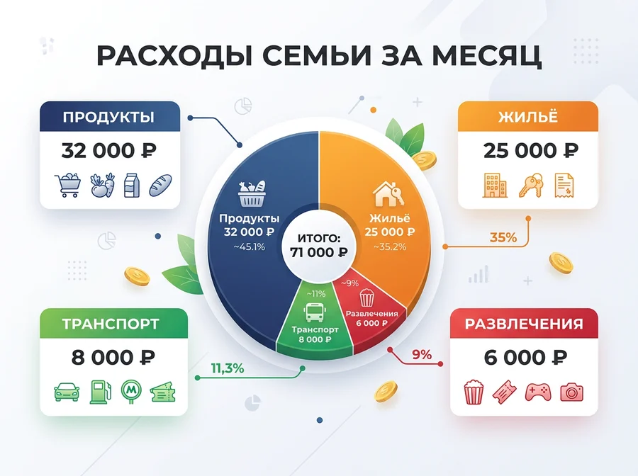 Инфографика «Расходы семьи за месяц» с диаграммой