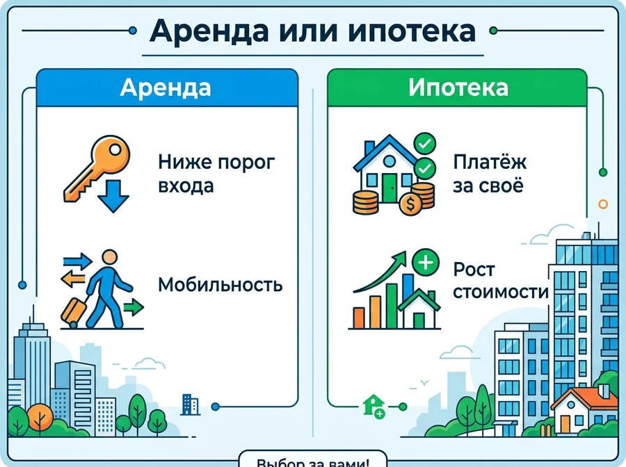 Инфографика-сравнение «Аренда или ипотека»
