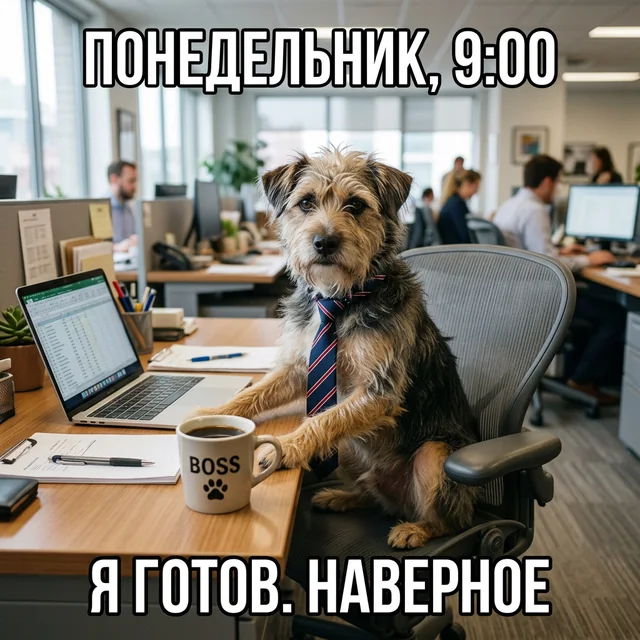 Мем: собака в галстуке за столом, «Понедельник, 9:00 / Я готов. Наверное»