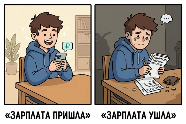 Мем-комикс из двух кадров: зарплата пришла и ушла