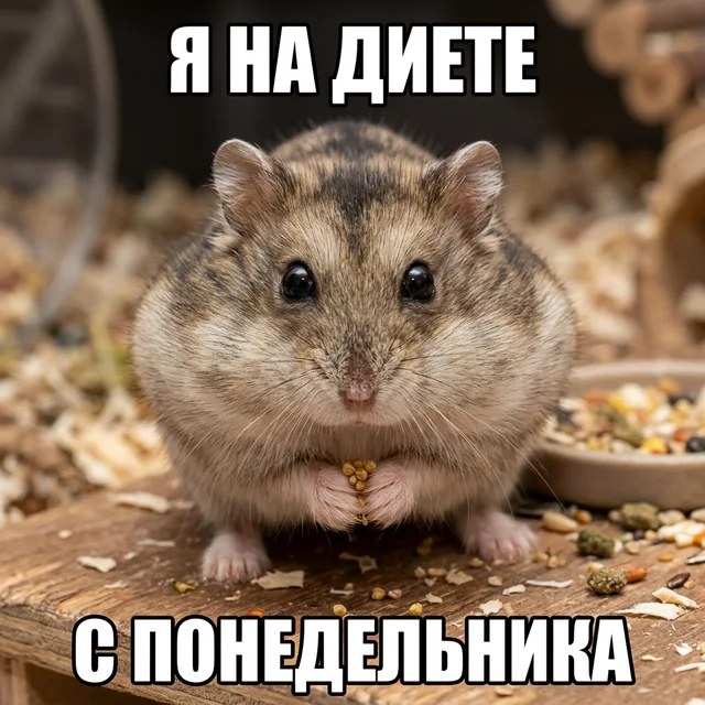 Мем: хомяк с набитыми щеками, «Я на диете / С понедельника»