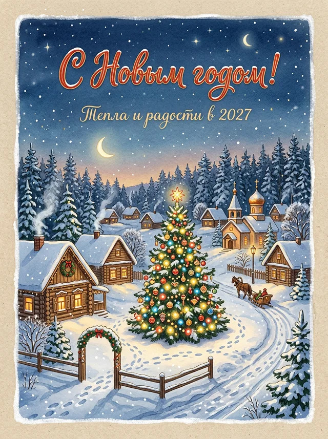 Новогодняя открытка с заснеженной деревней