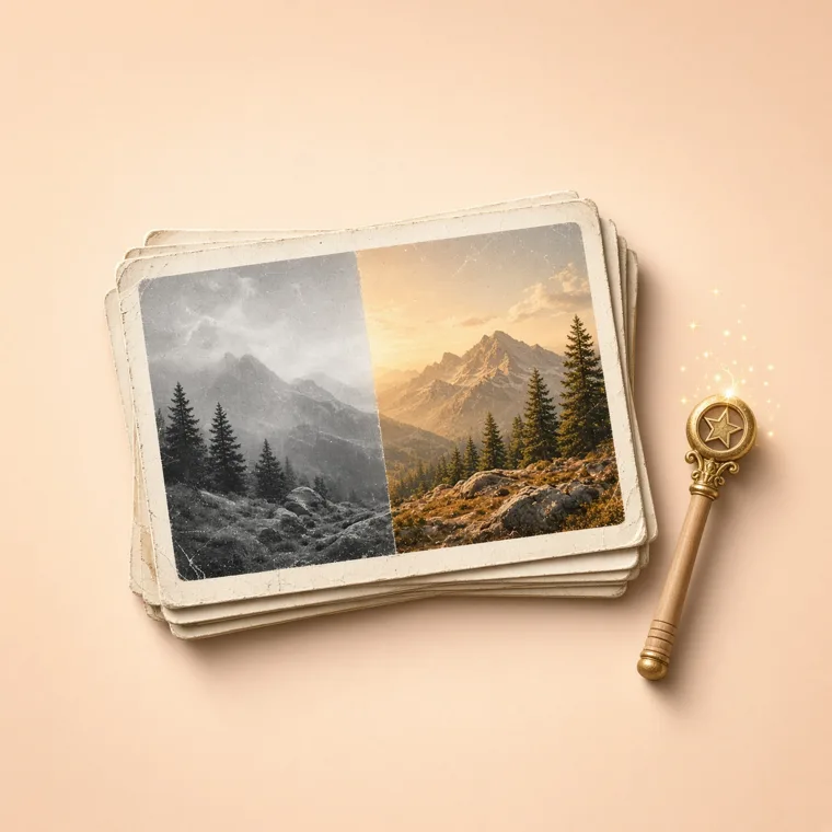 Стопка фотографий с лупой
