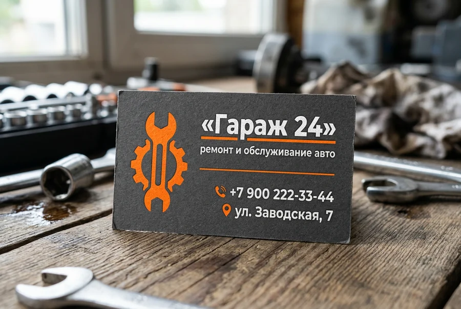 Визитка автосервиса «Гараж 24» с адресом и телефоном