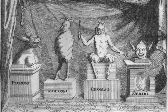 Идолы Руси на гравюре из книги о вере московитов, 1698 год