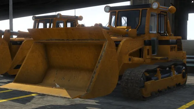 Бульдозер Dozer, в его ковше Франклин вывозит Майкла и Тревора