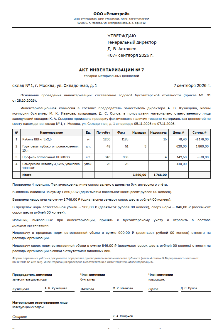Акт инвентаризации: образец заполненного документа, годовая инвентаризация склада