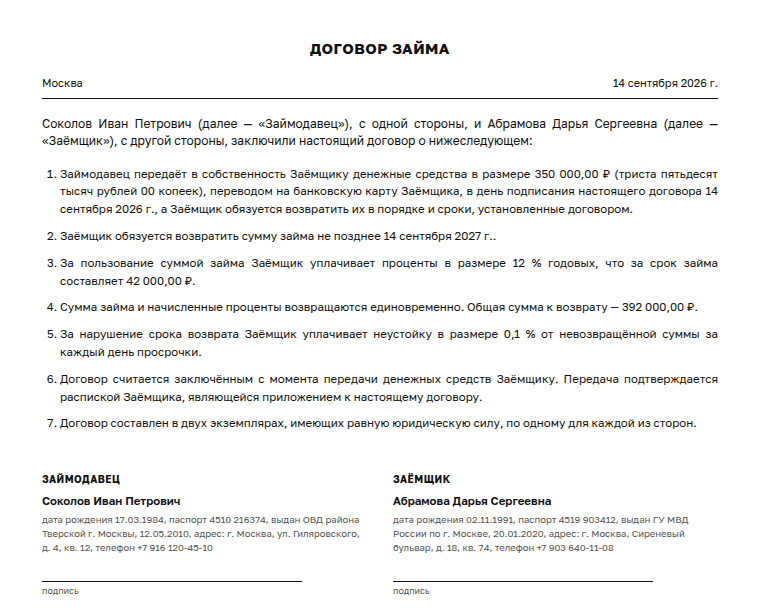 Договор займа: образец заполненного документа, заём под проценты