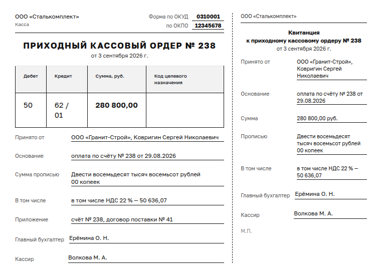 Приходный и расходный кассовый ордер: образец заполненного документа, оплата от покупателя
