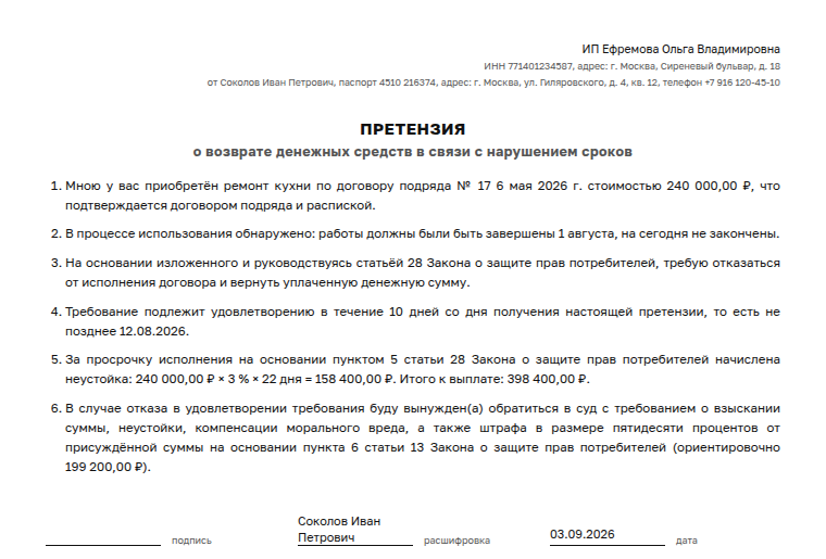 Претензия: образец, за нарушение сроков работ