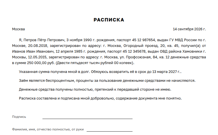 Расписка в получении денежных средств: образец заполненного документа, заём между гражданами