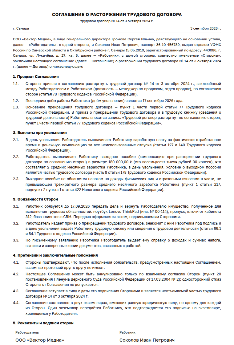 Соглашение о расторжении трудового договора: образец заполненного документа, менеджер, компенсация два оклада