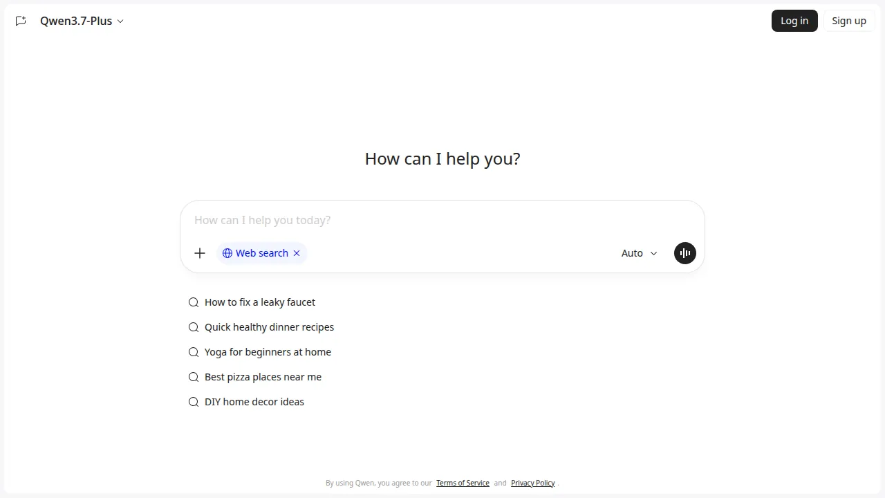 Чат Qwen с включённой кнопкой Web search