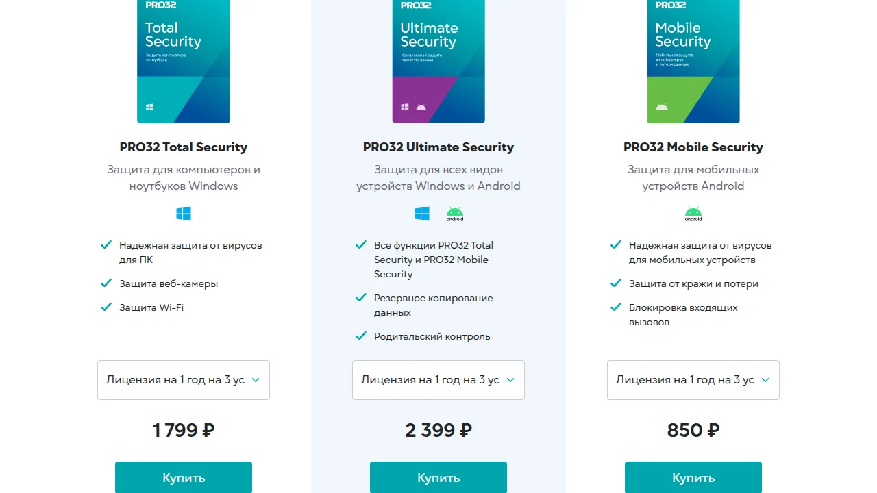 Цены PRO32 на 3 устройства: 1 799, 2 399 и 850 рублей