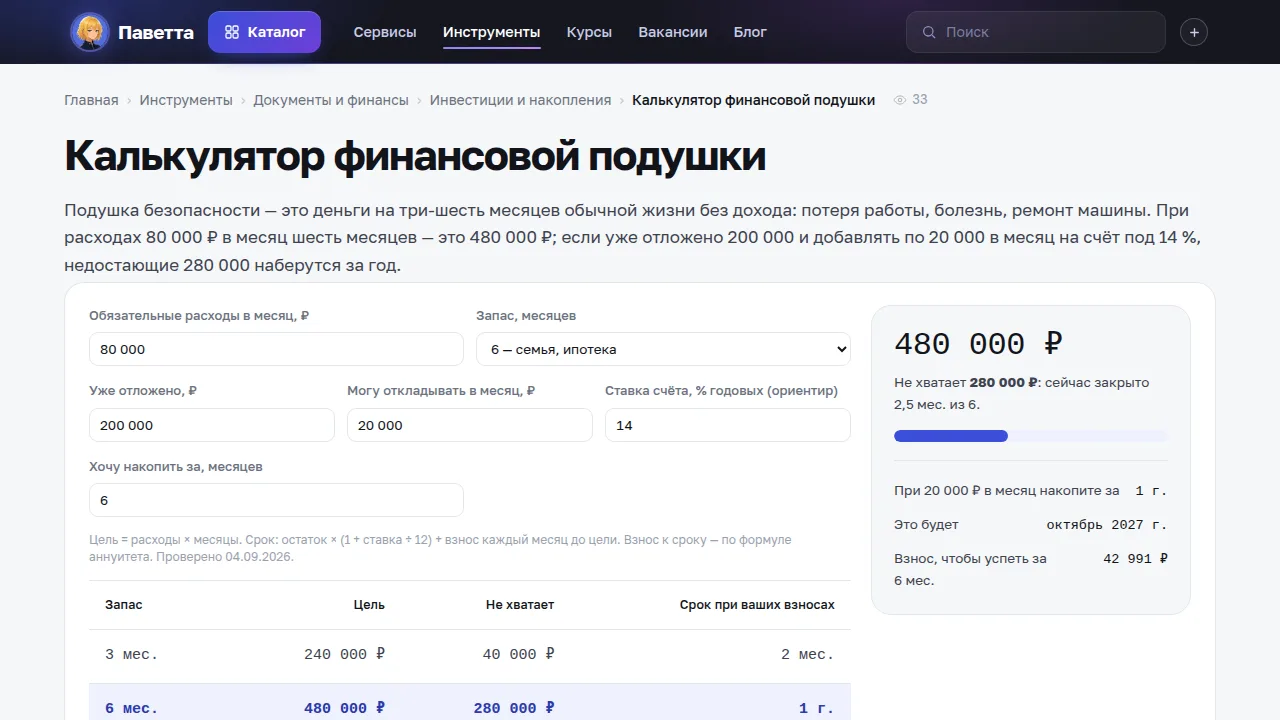 Калькулятор финансовой подушки на pawetta.com