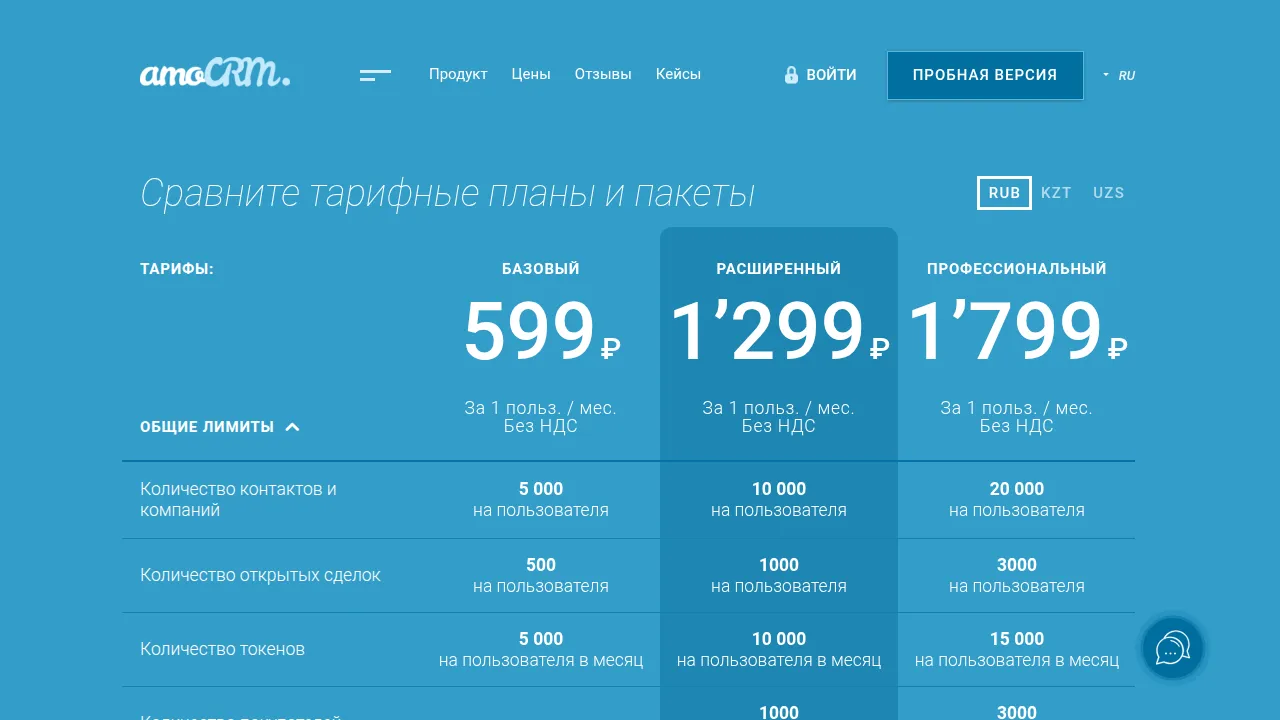 Тарифы amoCRM: Базовый 599, Расширенный 1 299, Профессиональный 1 799 рублей за пользователя