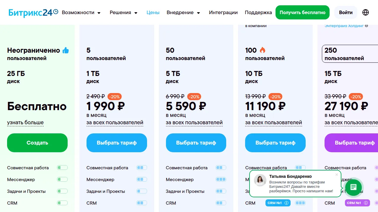 Бесплатный тариф Битрикс24: неограниченно пользователей и 25 ГБ