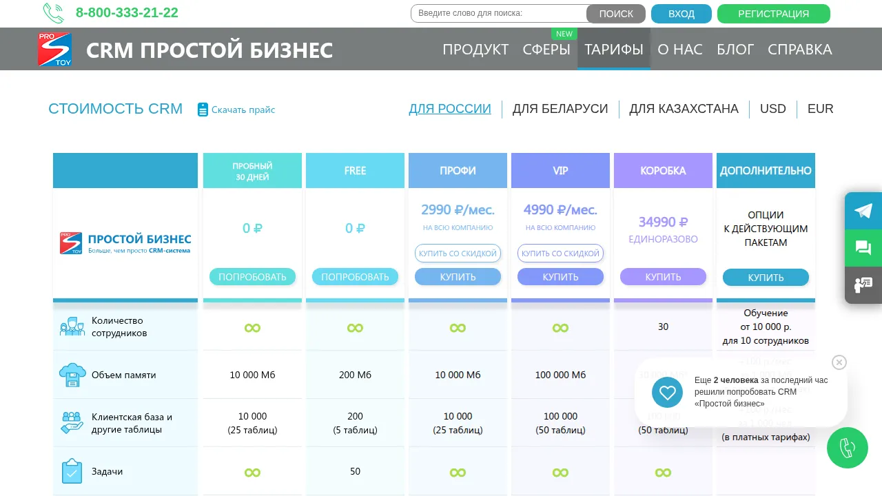 Таблица тарифов CRM Простой бизнес: FREE, ПРОФИ, VIP и Коробка