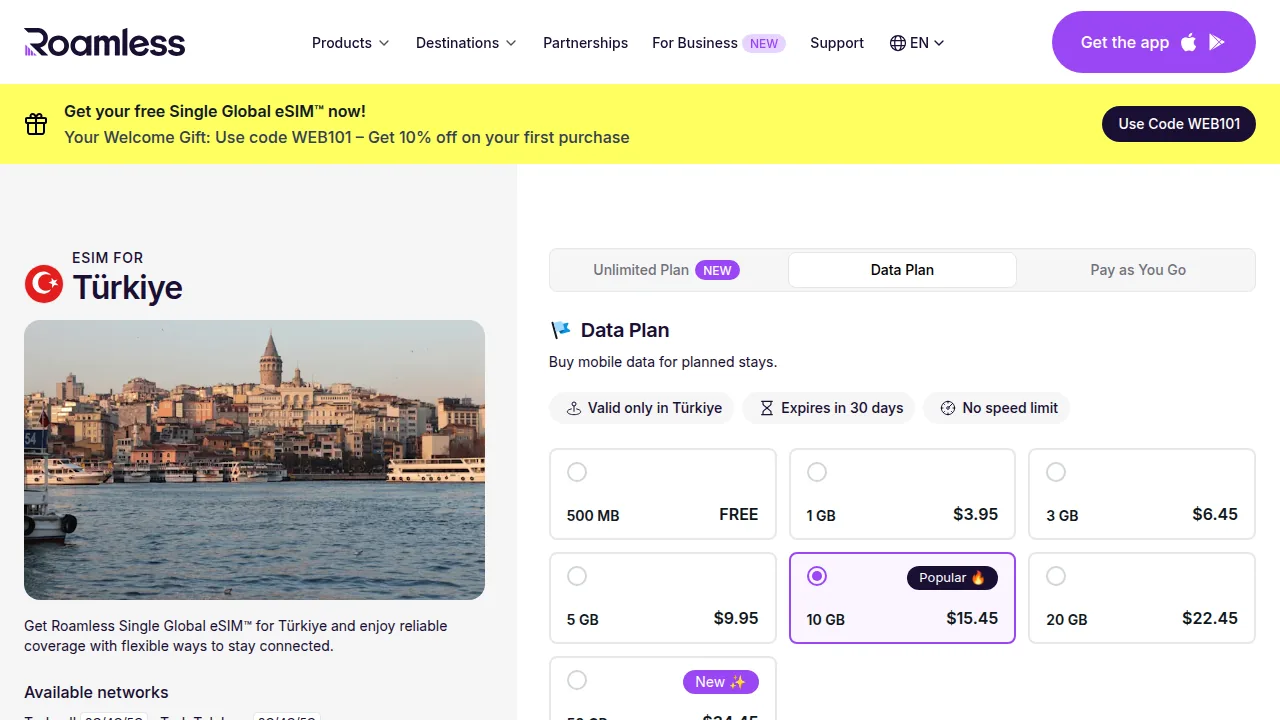 Roamless: eSIM для Турции, Data Plan
