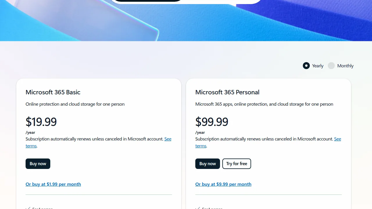 Тарифы Microsoft 365 Basic и Personal