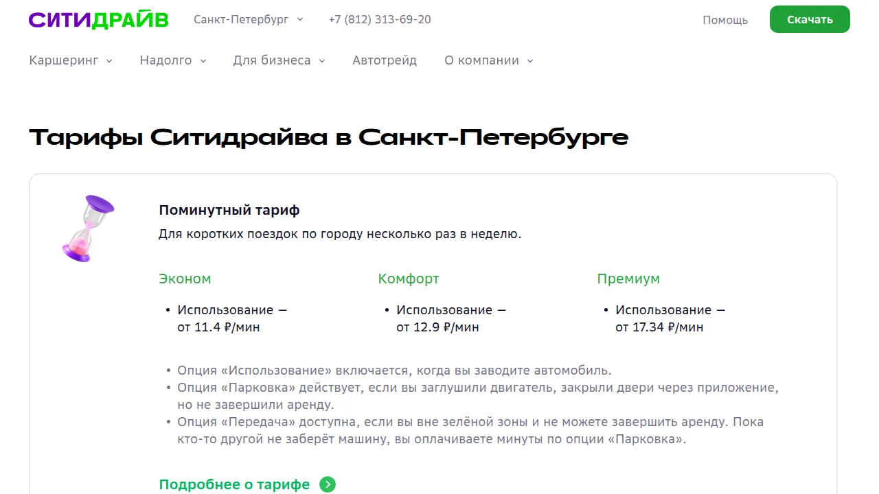 Тарифы Ситидрайва в Петербурге: Эконом от 11,4 рубля за минуту