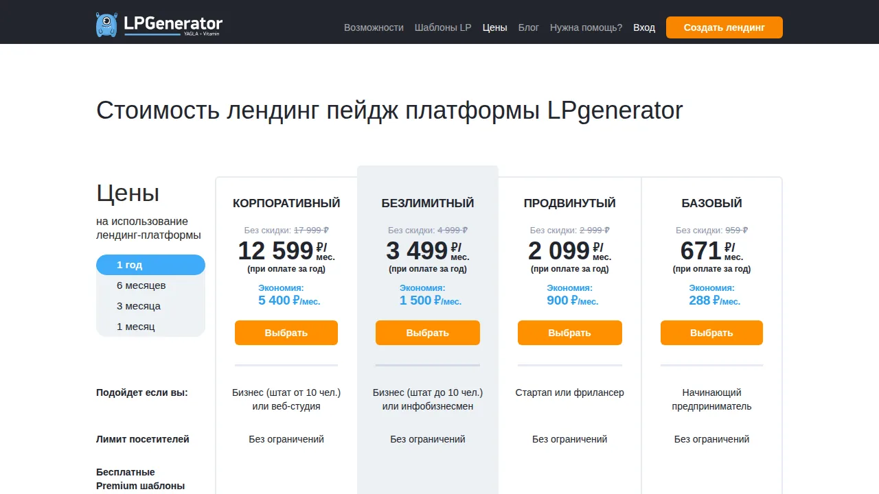 Цены LPgenerator: Базовый 671 рубль в месяц при оплате за год