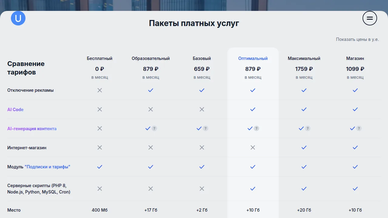 Пакеты платных услуг uCoz в рублях: Базовый 659, Оптимальный 879, Магазин 1099