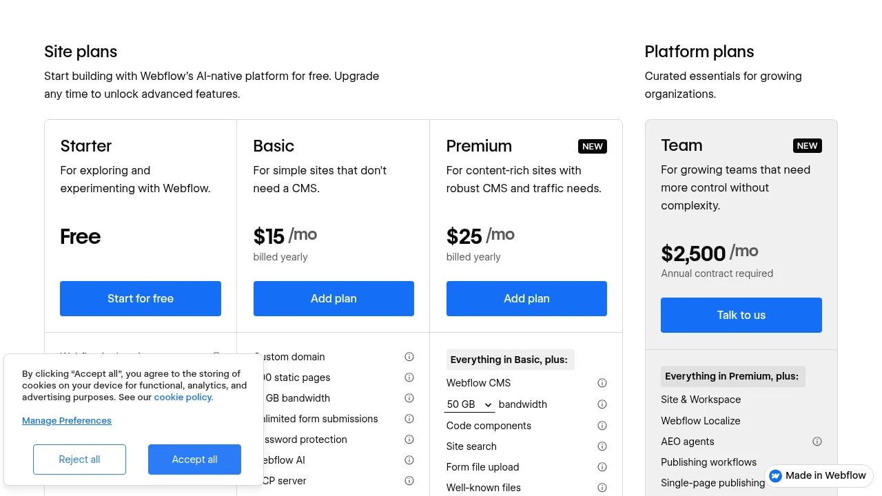 Тарифы Webflow: Starter бесплатно, Basic 15 и Premium 25 долларов