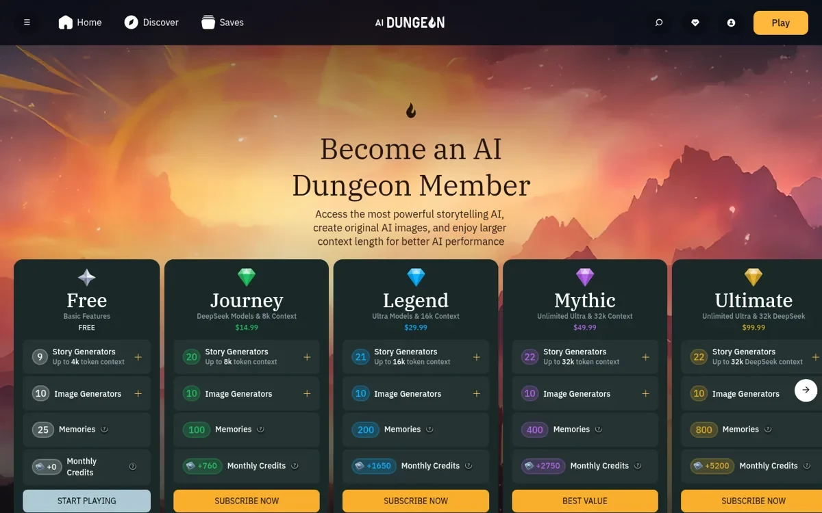 Тарифы AI Dungeon