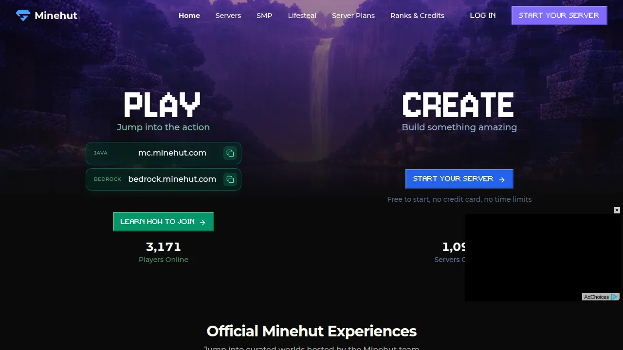 Главная Minehut: адреса для Java и Bedrock