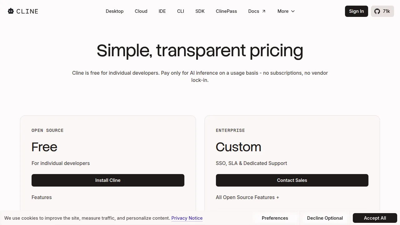 Тарифы Cline: Free и Enterprise