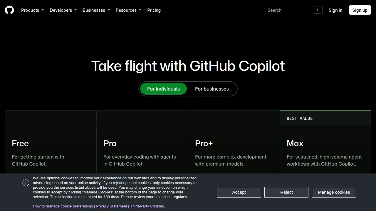 Тарифы GitHub Copilot: Free, Pro, Pro+, Max