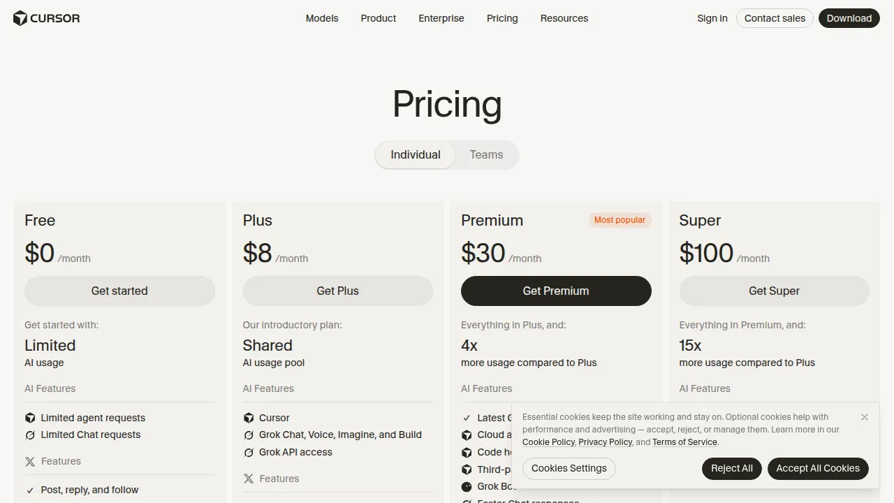 Тарифы Cursor: Free, Plus, Premium, Super