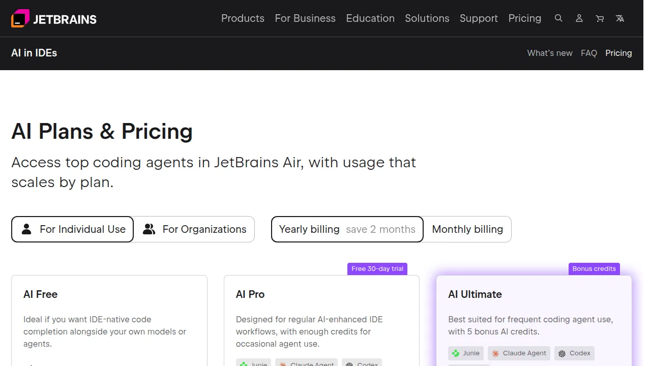 Тарифы JetBrains AI: Free, Pro, Ultimate