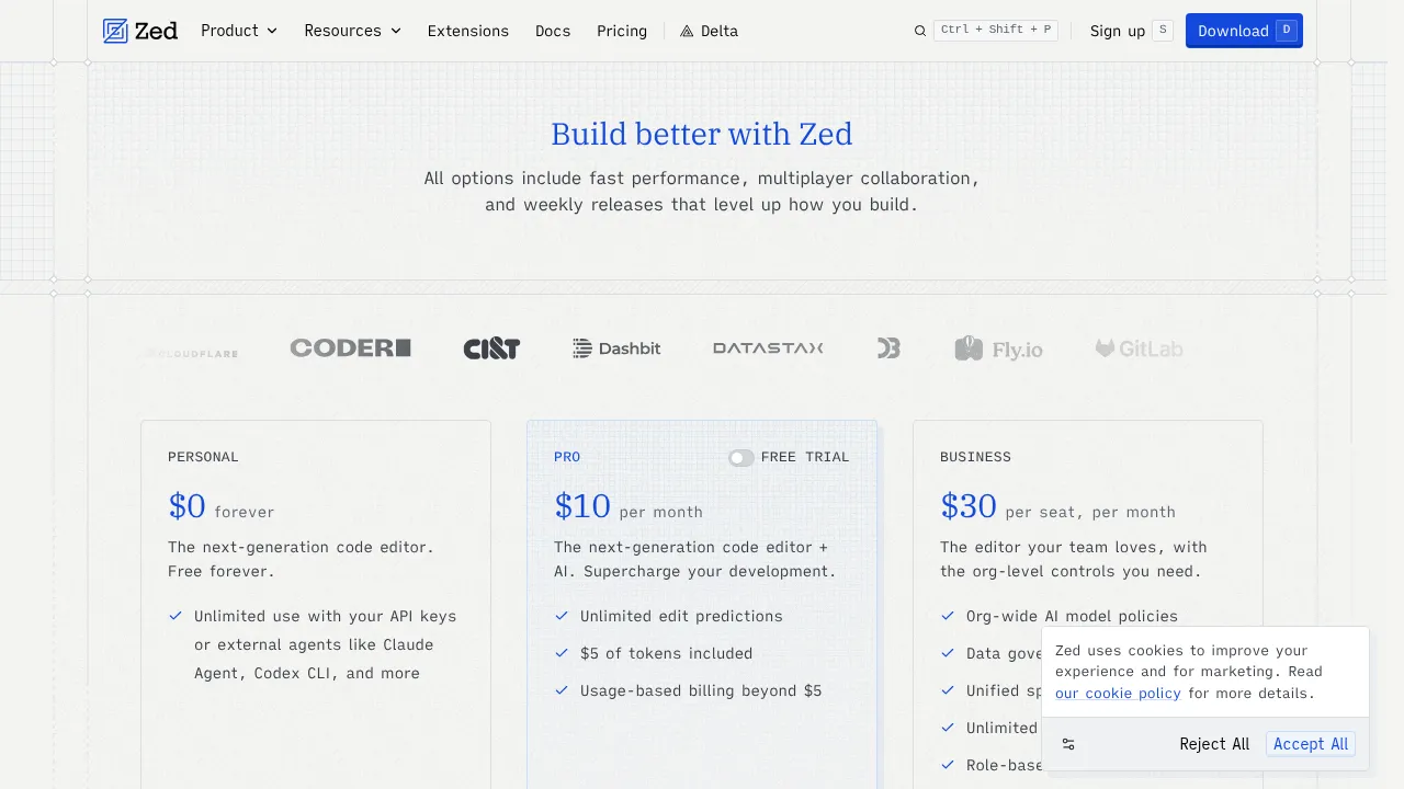 Тарифы Zed: Personal, Pro, Business