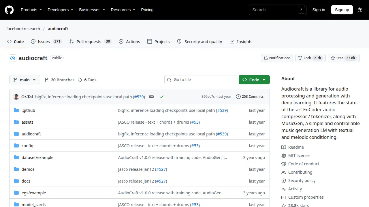 Репозиторий AudioCraft на GitHub