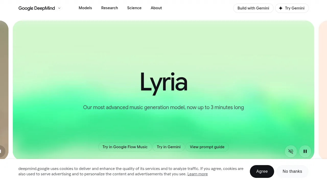 Страница модели Lyria на сайте Google DeepMind