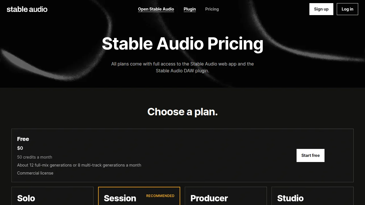 Страница тарифов Stable Audio
