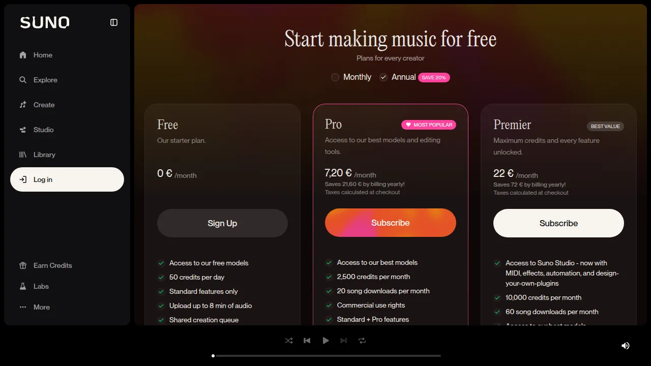 Страница тарифов Suno: Free, Pro и Premier в евро