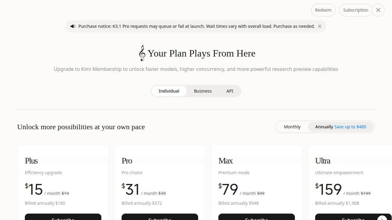 Тарифы Kimi: Plus, Pro, Max и Ultra