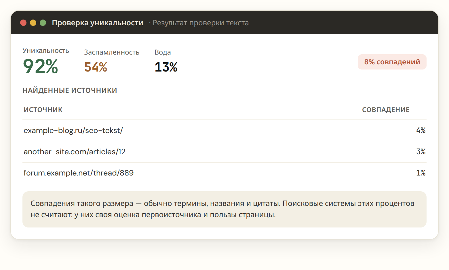 Отчёт сервиса проверки уникальности с процентами и источниками