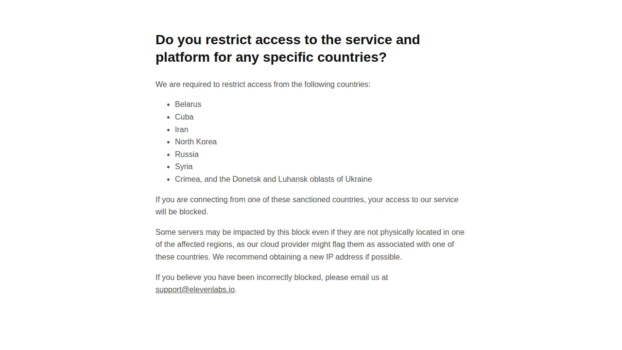 Страница ElevenLabs об ограничении доступа из России