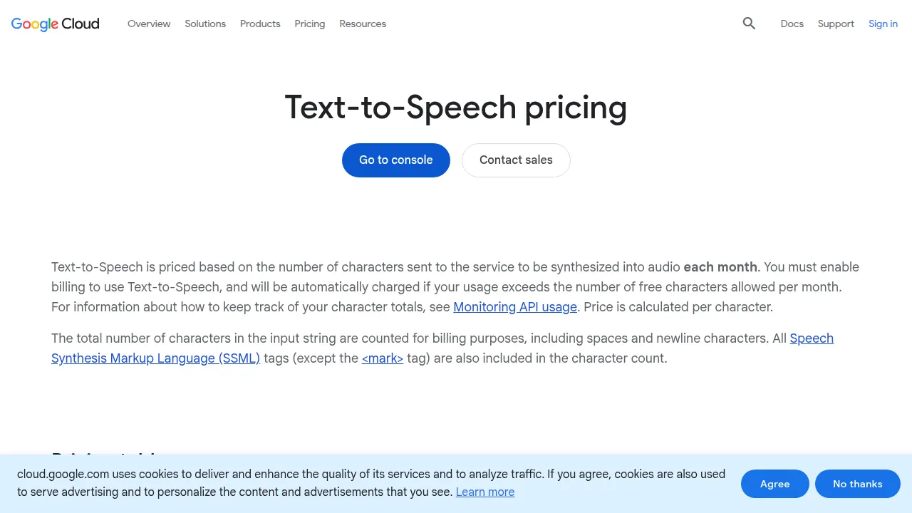 Страница цен Google Cloud Text-to-Speech