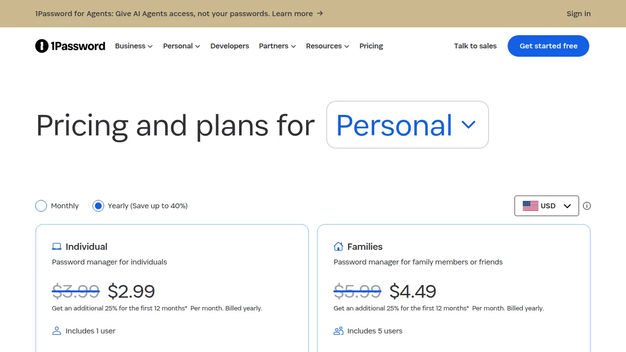 Тарифы 1Password: Individual 2,99 доллара, Families 4,49 доллара в месяц