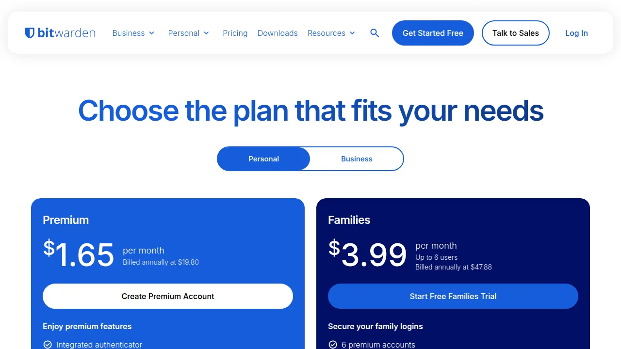 Тарифы Bitwarden: Premium 1,65 доллара и Families 3,99 доллара в месяц