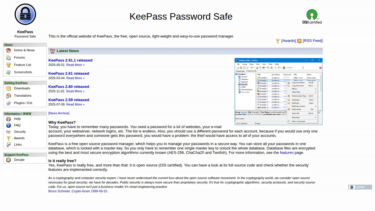 Сайт KeePass Password Safe с новостями о версиях 2.61.1 и 2.61